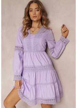 Fioletowa Rozkloszowana Sukienka Mini z Ozdobnym Dekoltem z Koronką Eudovana ze sklepu Renee odzież w kategorii Sukienki - zdjęcie 157109352
