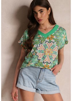 Zielona Wiskozowa Bluzka z Krótkimi Rękawami w Kwiatki Gamila ze sklepu Renee odzież w kategorii Bluzki damskie - zdjęcie 157109713