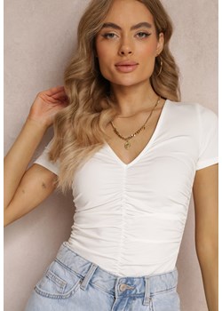 Biały Marszczony T-shirt z Trójkątnym Dekoltem Kedne ze sklepu Renee odzież w kategorii Bluzki damskie - zdjęcie 157109784