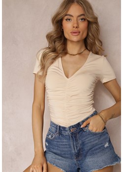 Beżowy Marszczony T-shirt z Trójkątnym Dekoltem Kedne ze sklepu Renee odzież w kategorii Bluzki damskie - zdjęcie 157109790