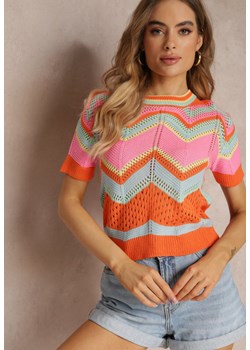 Pomarańczowy Ażurowy Sweter Bluzka z Okrągłym Dekoltem i Krótkim Rękawem Veisna ze sklepu Renee odzież w kategorii Bluzki damskie - zdjęcie 157109880