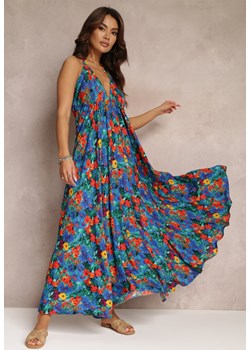Niebieska Kwiecista Sukienka Maxi z Wiskozy z Wiązaniem na Szyi i Plecach Lunka ze sklepu Renee odzież w kategorii Sukienki - zdjęcie 157109910