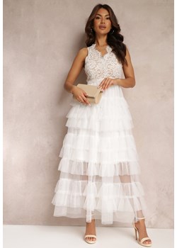 Biała Sukienka Koktajlowa z Koronkową Górą i Rozkloszowanym Tiulowym Dołem Venisa ze sklepu Renee odzież w kategorii Sukienki - zdjęcie 157110042