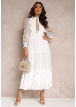 Biała Sukienka z Bufiastym Rękawem Ozdobiona Tiulowymi Wstawkami Laluna ze sklepu Renee odzież w kategorii Sukienki - zdjęcie 157110050