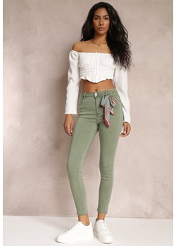 Ciemnozielone Spodnie Skinny z Wysokim Stanem i Ozdobną Chustką Hyadia ze sklepu Renee odzież w kategorii Spodnie damskie - zdjęcie 157110170
