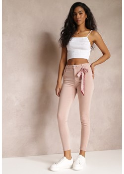 Jasnoróżowe Spodnie Skinny z Wysokim Stanem i Ozdobną Chustką Hyadia ze sklepu Renee odzież w kategorii Spodnie damskie - zdjęcie 157110190