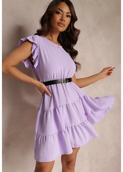 Jasnofioletowa Sukienka Mini z Falbankami Paskiem i Gumką w Talii Lavada ze sklepu Renee odzież w kategorii Sukienki - zdjęcie 157110253