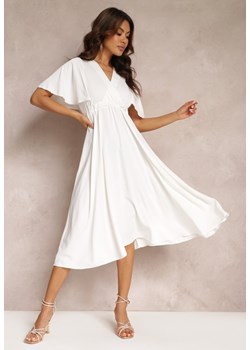 Biała Sukienka z Gumką w Talii Krótkim Rękawem i Kopertowym Dekoltem Kelila ze sklepu Renee odzież w kategorii Sukienki - zdjęcie 157110283
