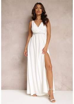 Biała Rozkloszowana Sukienka z Wycięciem i Paskiem w Cyrkonie Elineta ze sklepu Renee odzież w kategorii Sukienki - zdjęcie 157110383