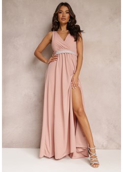 Różowa Rozkloszowana Sukienka z Wycięciem i Paskiem w Cyrkonie Elineta ze sklepu Renee odzież w kategorii Sukienki - zdjęcie 157110393