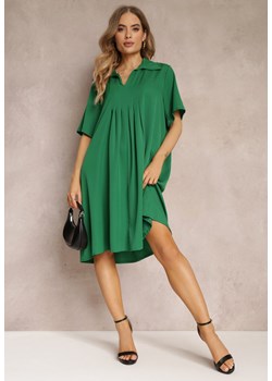 Zielona Zwiewna Sukienka Rozkloszowana z Kołnierzykiem i Zakładkami Pedrisa ze sklepu Renee odzież w kategorii Sukienki - zdjęcie 157110453