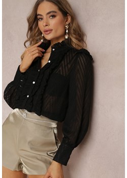 Czarna Koszula z Ozdobnymi Rękawami i Stójką z Falbanką Mylonia ze sklepu Renee odzież w kategorii Koszule damskie - zdjęcie 157110551