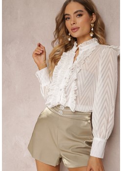 Biała Koszula z Ozdobnymi Rękawami i Stójką z Falbanką Mylonia ze sklepu Renee odzież w kategorii Koszule damskie - zdjęcie 157110561