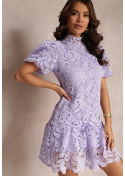 Fioletowa Sukienka z Koronkowym Haftem Paisley i Bufiastymi Rękawami Briena ze sklepu Renee odzież w kategorii Sukienki - zdjęcie 157110621