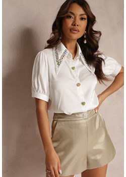 Biała Koszula z Krótkimi Rękawami i Kołnierzem z Cyrkoniami i Perłami Malazia ze sklepu Renee odzież w kategorii Koszule damskie - zdjęcie 157110711