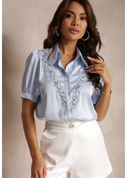 Niebieska Koszula z Krótkim Rękawem z Koronką i Cyrkoniami Keysha ze sklepu Renee odzież w kategorii Koszule damskie - zdjęcie 157110831