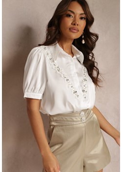 Biała Koszula z Krótkim Rękawem z Koronką i Cyrkoniami Keysha ze sklepu Renee odzież w kategorii Koszule damskie - zdjęcie 157110841