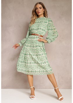 Zielona Sukienka w Etno Wzór z Paskiem i Plisowaniem Dorisia ze sklepu Renee odzież w kategorii Sukienki - zdjęcie 157110911