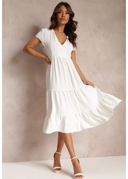 Biała Sukienka z Trójkątnym Dekoltem i Falbaną Callandia ze sklepu Renee odzież w kategorii Sukienki - zdjęcie 157111401