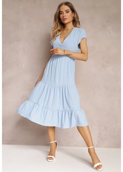 Jasnoniebieska Sukienka z Trójkątnym Dekoltem i Falbaną Callandia ze sklepu Renee odzież w kategorii Sukienki - zdjęcie 157111412