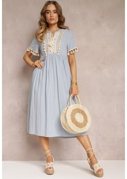 Niebieska Rozkloszowana Sukienka Midi z Gumką w Talii i Ozdobnym Dekoltem Shotomi ze sklepu Renee odzież w kategorii Sukienki - zdjęcie 157111663