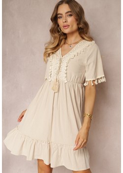 Beżowa Sukienka Mini z Gumką w Talii i Ozdobną Taśmą z Cekiniami Ofelifia ze sklepu Renee odzież w kategorii Sukienki - zdjęcie 157111693