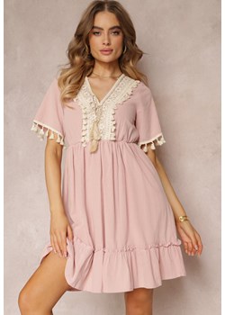 Różowa Sukienka Mini z Gumką w Talii i Ozdobną Taśmą z Cekiniami Ofelifia ze sklepu Renee odzież w kategorii Sukienki - zdjęcie 157111703
