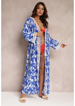 Niebieska Narzutka Sukienka Maxi z Koronkowymi Wstawkami i Wiązaniem w Talii Royaltia ze sklepu Renee odzież w kategorii Odzież plażowa - zdjęcie 157111723