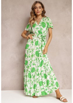 Zielona Sukienka w Kwiaty z Paskiem i Gumką w Talii z Wiskozy Agletina ze sklepu Renee odzież w kategorii Sukienki - zdjęcie 157111743