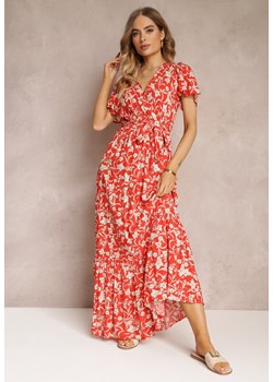 Czerwona Długa Sukienka w Kwiaty z Gumką w Talii z Wiskozy Lydiza ze sklepu Renee odzież w kategorii Sukienki - zdjęcie 157111773