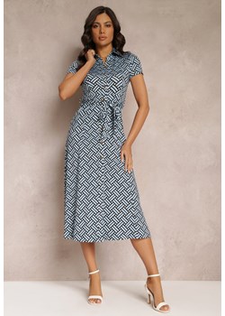 Niebieska Geometryczna Sukienka Midi z Kołnierzem i Paskiem z Materiału Mehisi ze sklepu Renee odzież w kategorii Sukienki - zdjęcie 157111913