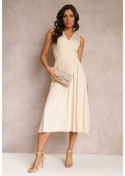 Beżowa Sukienka z Kopertowym Dekoltem i Plisowanym Dołem Anamarie ze sklepu Renee odzież w kategorii Sukienki - zdjęcie 157111974