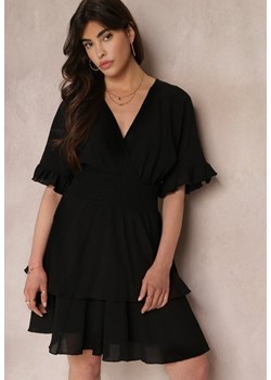 Czarna Zwiewna Sukienka Mini z Falbankami i Szeroką Gumką w Talii Olleanne ze sklepu Renee odzież w kategorii Sukienki - zdjęcie 157112003