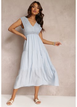 Niebieska Szydełkowa Sukienka Maxi z Głębokim Dekoltem i Falbanką na Dole Annama ze sklepu Renee odzież w kategorii Sukienki - zdjęcie 157112043
