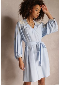 Niebieska Pudełkowa Sukienka Mini z Wiązanym Paskiem i Haftem Eudas ze sklepu Renee odzież w kategorii Sukienki - zdjęcie 157112063