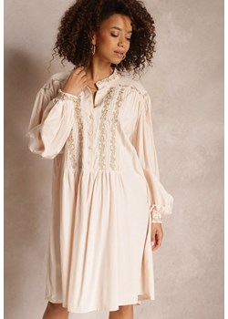 Beżowa Haftowana Sukienka Midi o Pudełkowym Fasonie z Długim Rękawem Rosen ze sklepu Renee odzież w kategorii Sukienki - zdjęcie 157112073