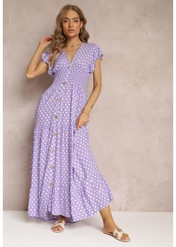 Fioletowa Rozkloszowana Sukienka Maxi w Kropki z Gumką w Talii Janey ze sklepu Renee odzież w kategorii Sukienki - zdjęcie 157112312