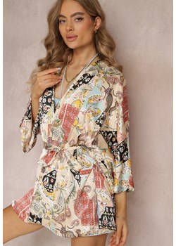 Beżowa Narzutka Bluzka Kimono w Kwiaty z Wiązaniem w Pasie i Rozcięciami Caceres ze sklepu Renee odzież w kategorii Odzież plażowa - zdjęcie 157112442