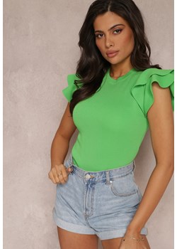 Zielona Bluzka z Ozdobnymi Rękawami z Falbanką i Okrągłym Dekoltem Kanila ze sklepu Renee odzież w kategorii Bluzki damskie - zdjęcie 157112462