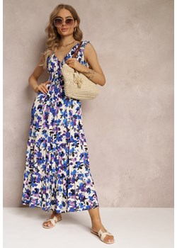 Fioletowo-Niebieska Kopertowa Sukienka Maxi w Kwiaty z Gumką w Pasie z Wiskozy Marielys ze sklepu Renee odzież w kategorii Sukienki - zdjęcie 157112473