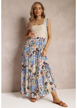 Niebieska Rozkloszowana Sukienka Maxi z Szydełkową Górą na Ramiączkach Kashan ze sklepu Renee odzież w kategorii Sukienki - zdjęcie 157112542