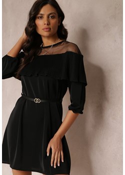 Czarna Sukienka z Ozdobnym Dekoltem z Falbanką i Paskiem w Komplecie Loretia ze sklepu Renee odzież w kategorii Sukienki - zdjęcie 157112632