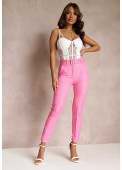 Różowe Materiałowe Spodnie z Wysokim Stanem i Paskiem Pylisa ze sklepu Renee odzież w kategorii Spodnie damskie - zdjęcie 157112652