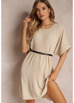 Beżowa Sukienka Mini Plisowana z Paskiem z Imitacji Skóry Dasima ze sklepu Renee odzież w kategorii Sukienki - zdjęcie 157112662