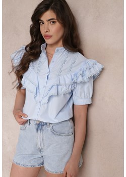 Niebieska Koronkowa Koszula z Krótkim Rękawem i Falbankami z Przodu Audrea ze sklepu Renee odzież w kategorii Koszule damskie - zdjęcie 157112852