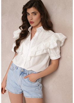 Biała Koronkowa Koszula z Krótkim Rękawem i Falbankami z Przodu Audrea ze sklepu Renee odzież w kategorii Koszule damskie - zdjęcie 157112862