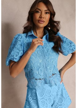 Niebieska Koszula Koronkowa z Krótkim i Bufiastym Rękawem Elinie ze sklepu Renee odzież w kategorii Koszule damskie - zdjęcie 157112962