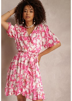 Różowa Kwiecista Sukienka Mini z Kopertowym Dekoltem i Gumką w Pasie Jamileta ze sklepu Renee odzież w kategorii Sukienki - zdjęcie 157113022