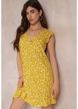 Żółta Sukienka Mini w Kwiaty z Ozdobnymi Guzikami i Falbanami Kyana ze sklepu Renee odzież w kategorii Sukienki - zdjęcie 157113112