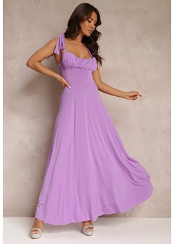 Fioletowa Długa Sukienka z Marszczonym Dekoltem i Wiązanymi Ramiączkami Rozvita ze sklepu Renee odzież w kategorii Sukienki - zdjęcie 157113681